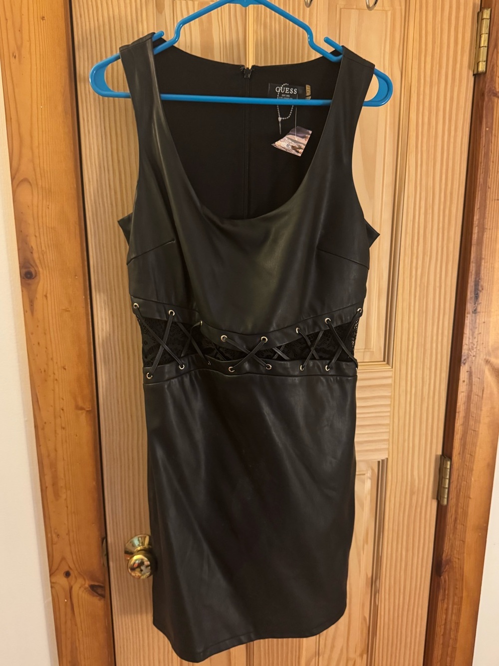 NWT GUESS Black Faux Leather Lace-Up Waist CORSET Sheath Dress size 12